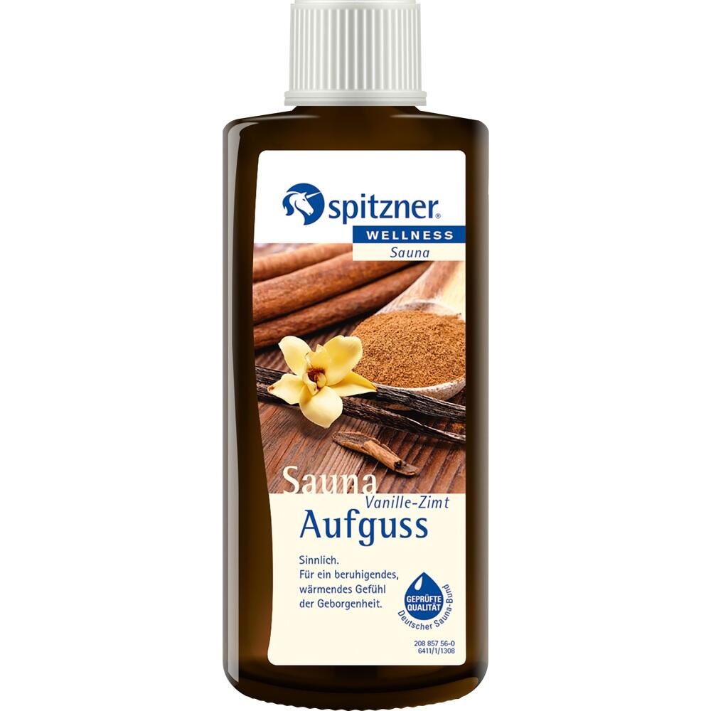 Braune Flasche mit Sauna-Aufguss in Vanille-Zimt-Duft, abgebildet mit Zimt und Vanillebl&uuml;te.