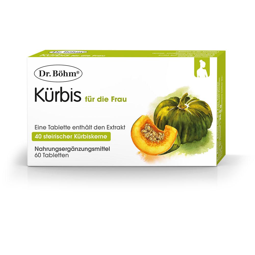Verpackung von Kürbiskern-Tabletten für Frauen mit Bild eines Kürbisses.