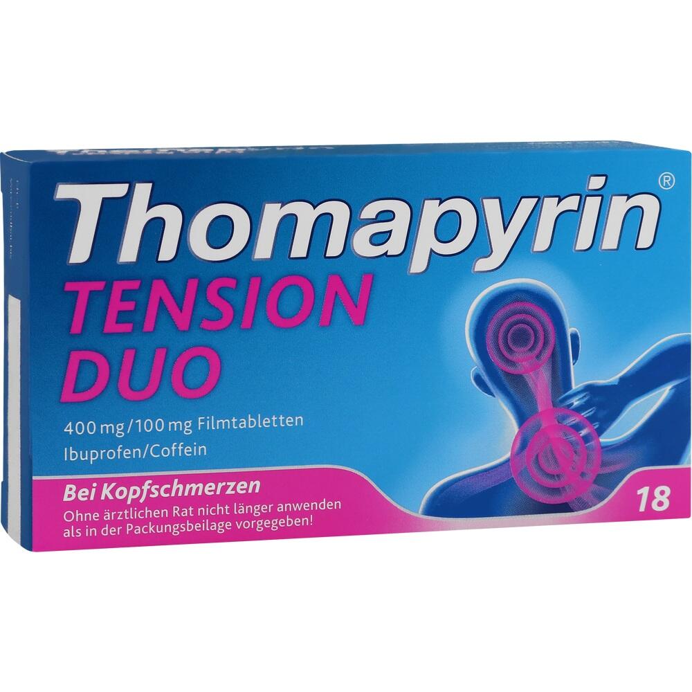 Eine Packung Thomapyrin Tension Duo Schmerztabletten mit 18 Filmtabletten.