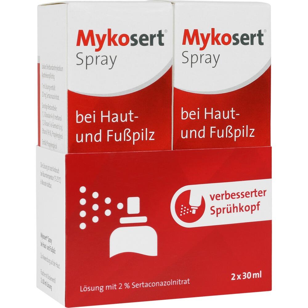 Zwei rote Spraypackungen gegen Haut- und Fu&szlig;pilz stehen nebeneinander.