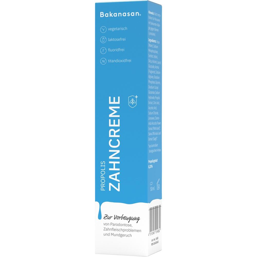 Blaue Zahnpasta-Verpackung mit weißem Text und Symbolen für verschiedene Eigenschaften.
