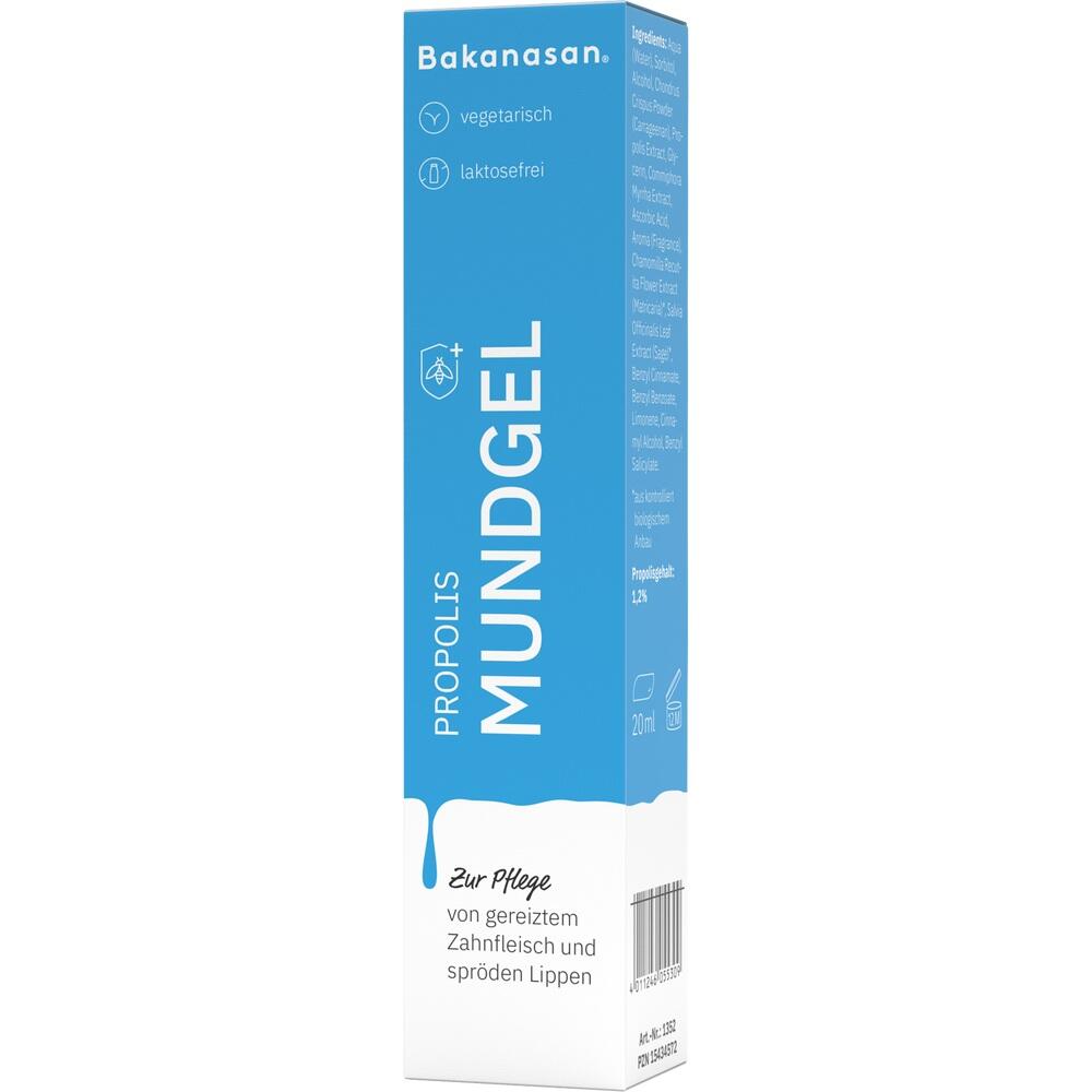 Blaue Verpackung von Propolis Mundgel zur Pflege von gereiztem Zahnfleisch und spröden Lippen.