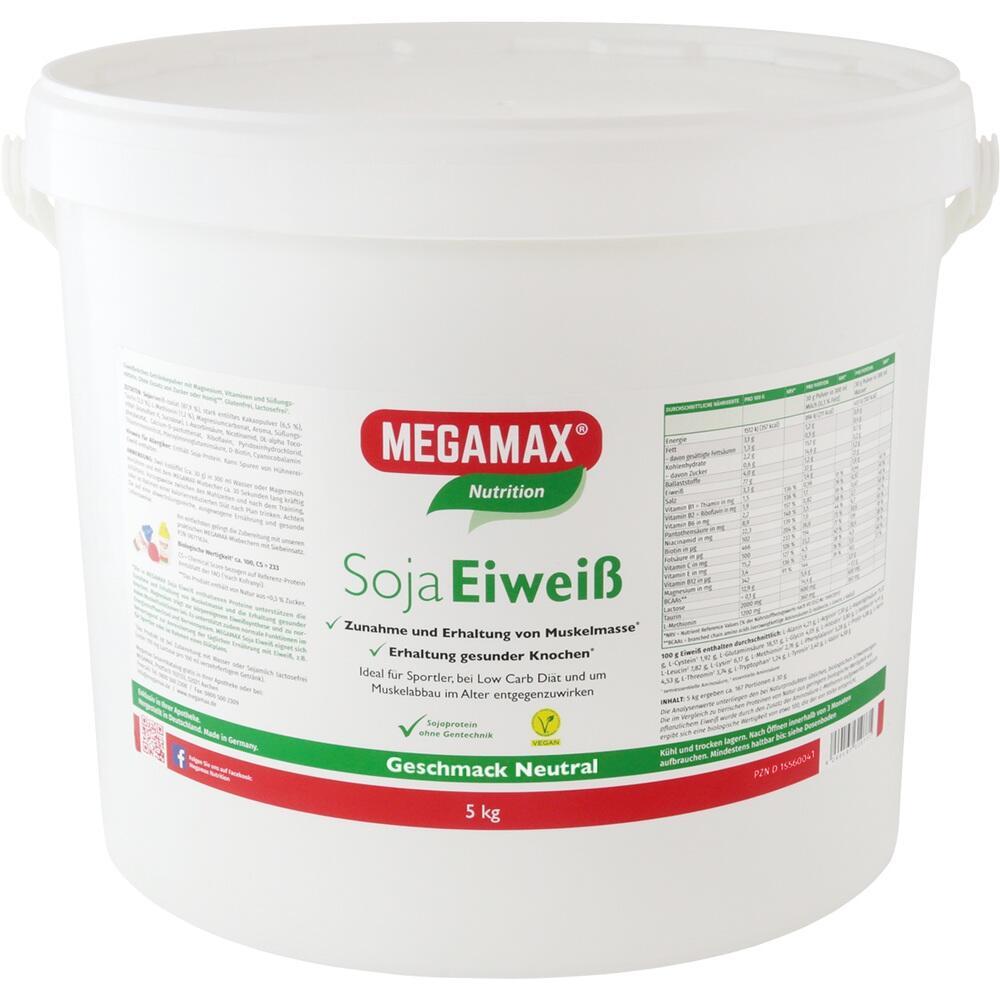 Ein Eimer mit Sojaeiwei&szlig;pulver von Megamax, neutral im Geschmack, 5 kg.