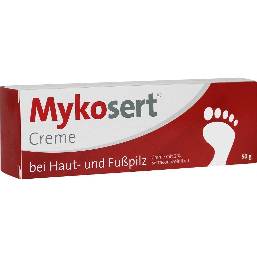 Eine rote Box von Mykosert Creme gegen Haut- und Fußpilz.