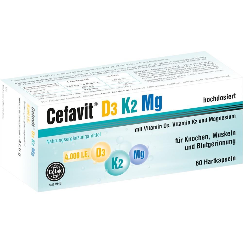 Schachtel mit Vitamin D3, K2 und Magnesium-Nahrungsergänzungsmittel.