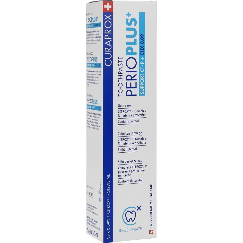 Wei&szlig;e Zahnpasta-Verpackung mit blauem Text f&uuml;r Zahnfleischpflege.