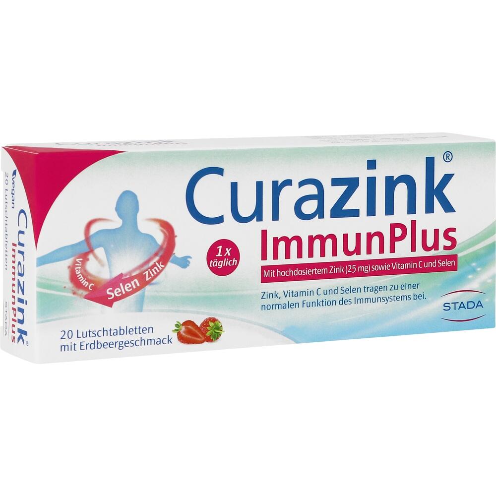 Eine Packung Curazink ImmunPlus Lutschtabletten mit Erdbeergeschmack zur Unterst&uuml;tzung des Immunsystems.