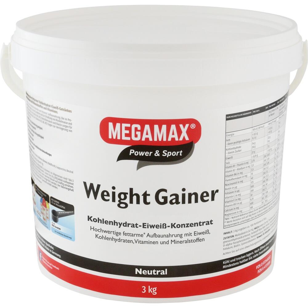 Ein wei&szlig;er Eimer mit der Aufschrift "Megamax Power & Sport Weight Gainer."