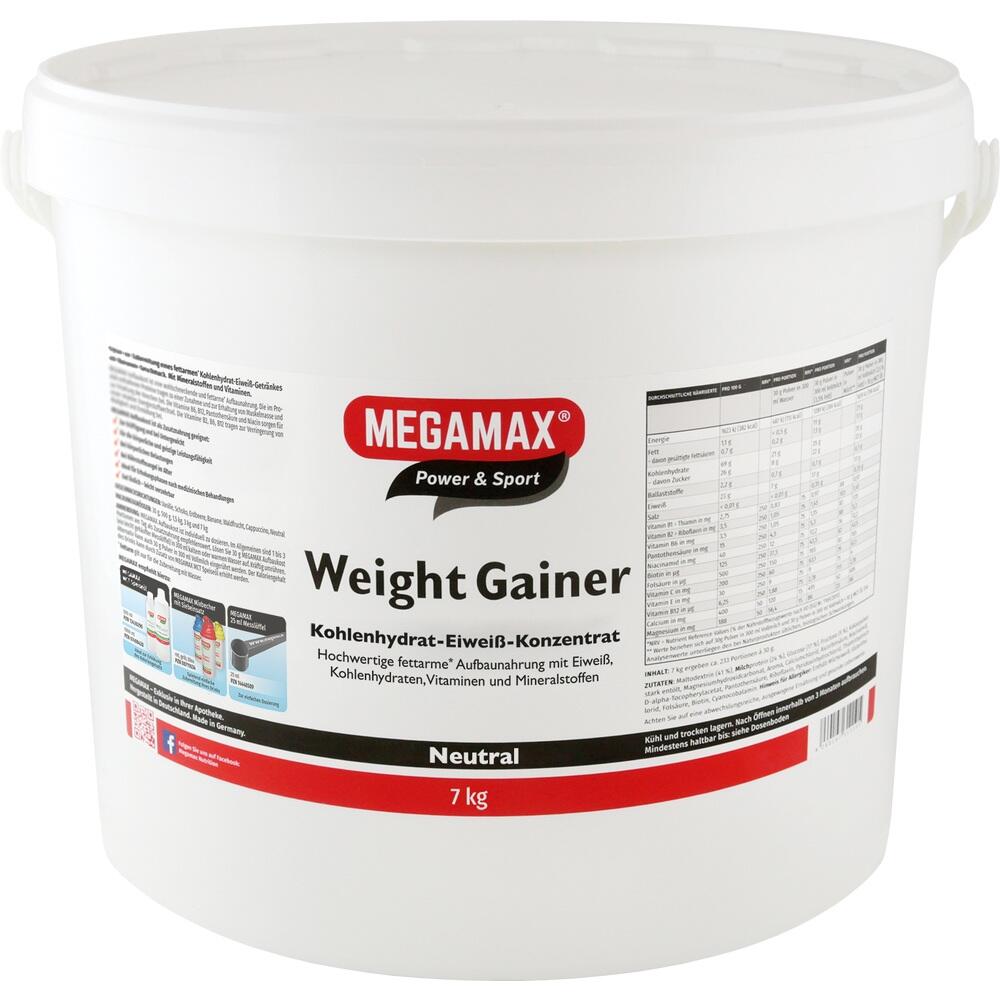 Ein wei&szlig;er Eimer mit der Aufschrift "Megamax Weight Gainer" auf dem Etikett.