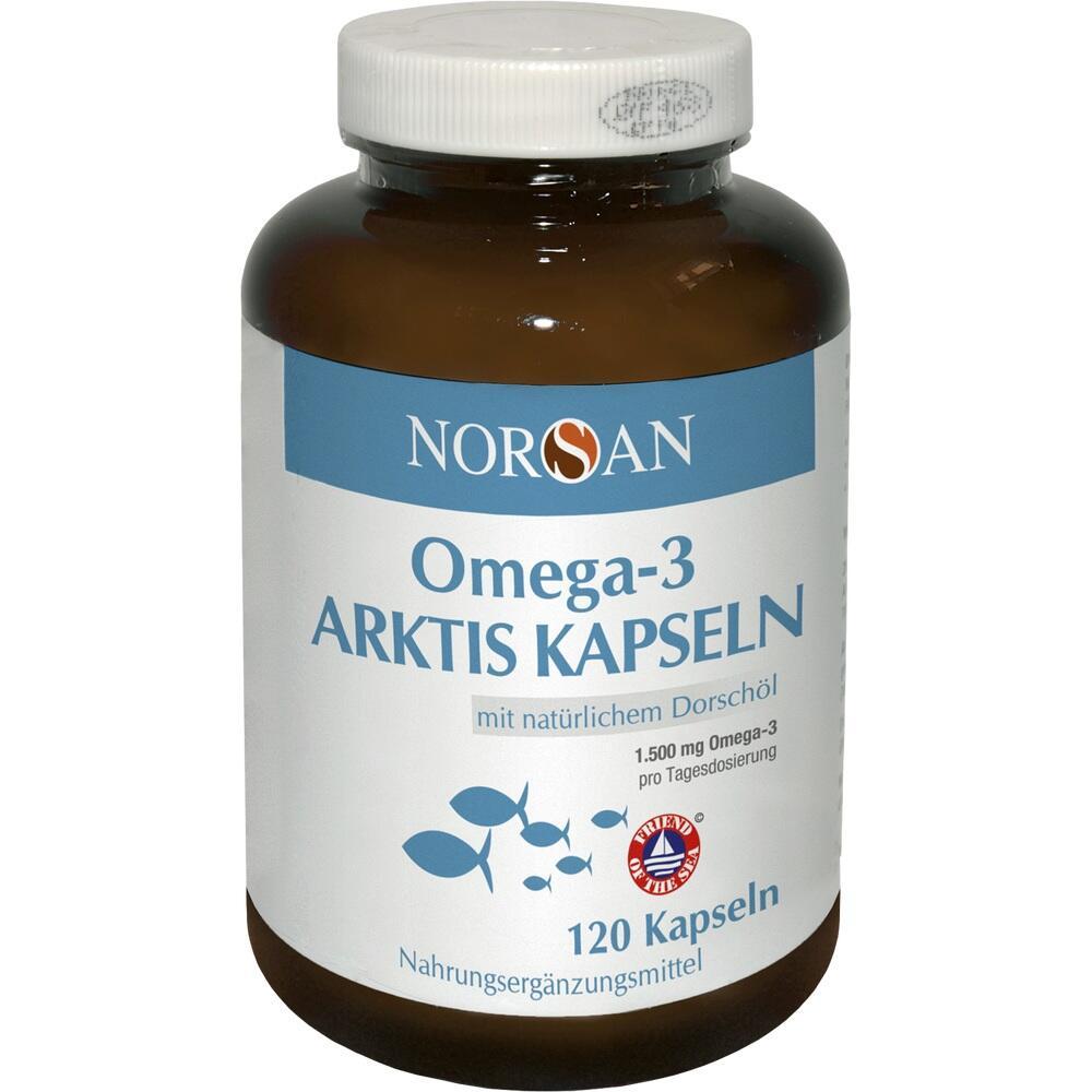 Braunes Glas mit Omega-3 Arktiskapseln von NORSAN, 120 St&uuml;ck.