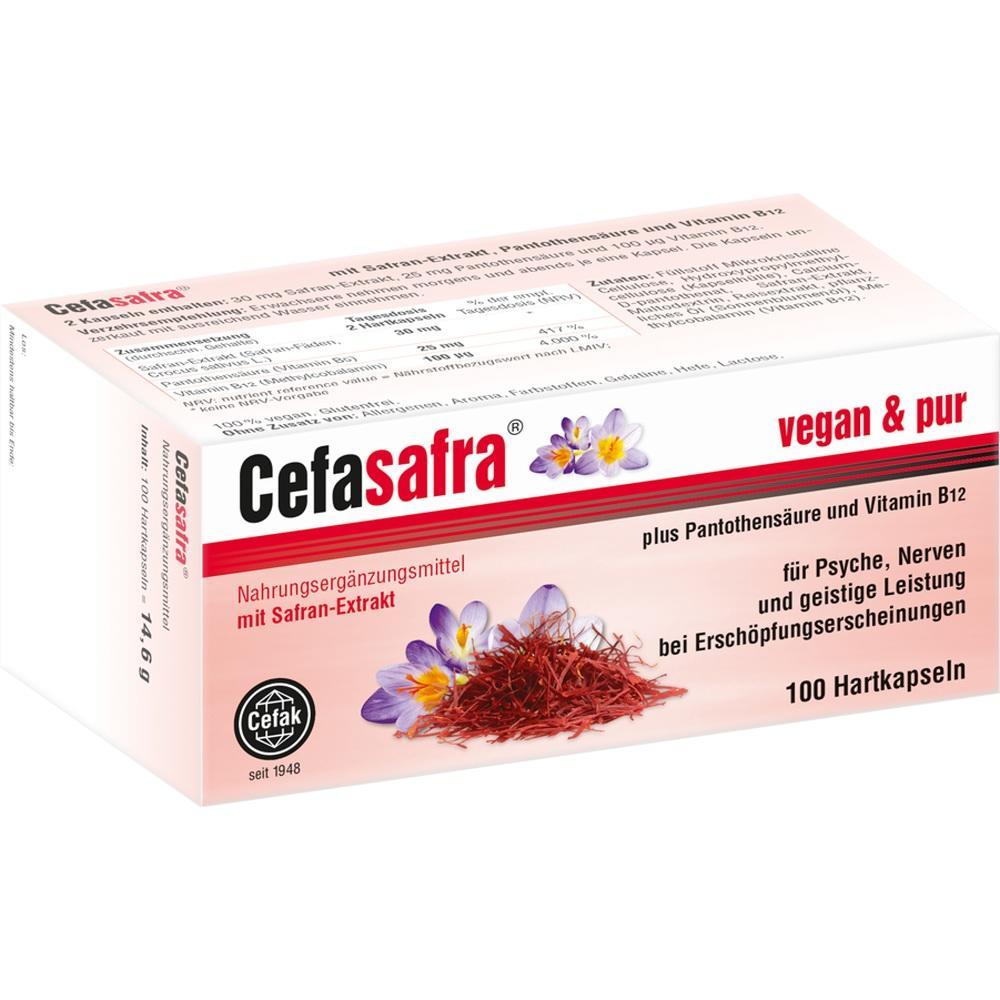 Eine Verpackung von Nahrungserg&auml;nzungsmitteln mit Safran-Extrakt und 100 Hartkapseln.
