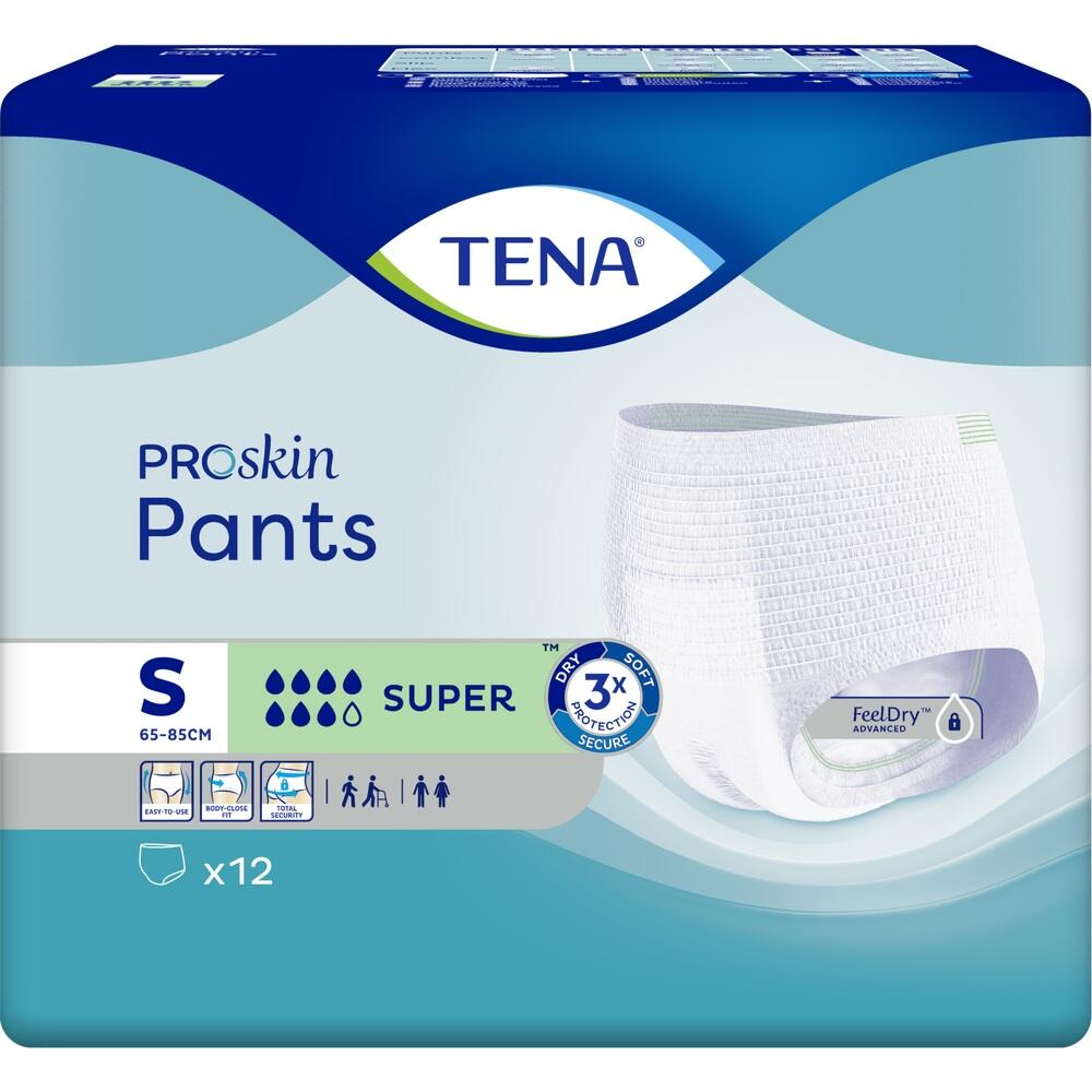 Verpackung von TENA ProSkin Pants in Gr&ouml;&szlig;e S f&uuml;r Erwachsene, mit Abbildung einer Einlage.