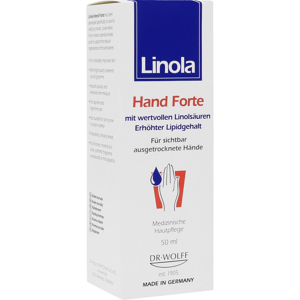 Wei&szlig;er Karton mit der Aufschrift "Linola Hand Forte" und Bild einer Hand mit Tropfen.