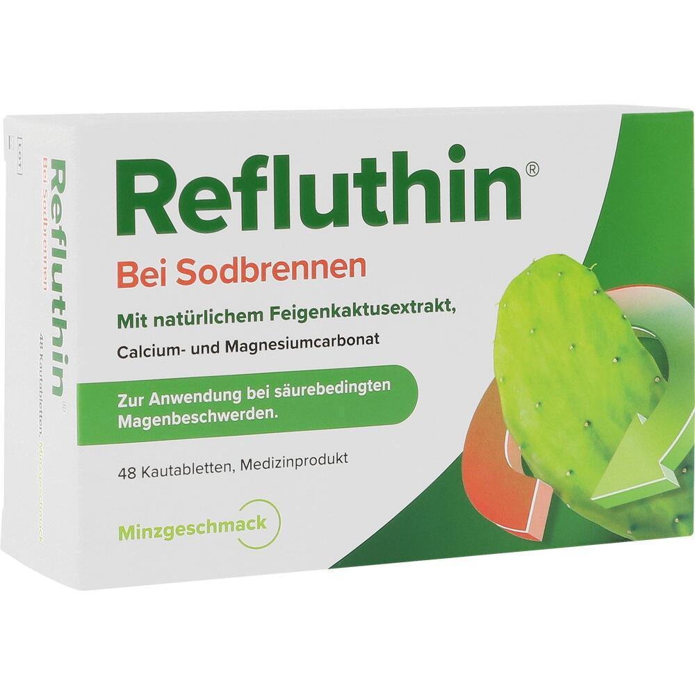 Verpackung von Refluthin-Kautabletten gegen Sodbrennen mit Minzgeschmack und Feigenkaktusextrakt.