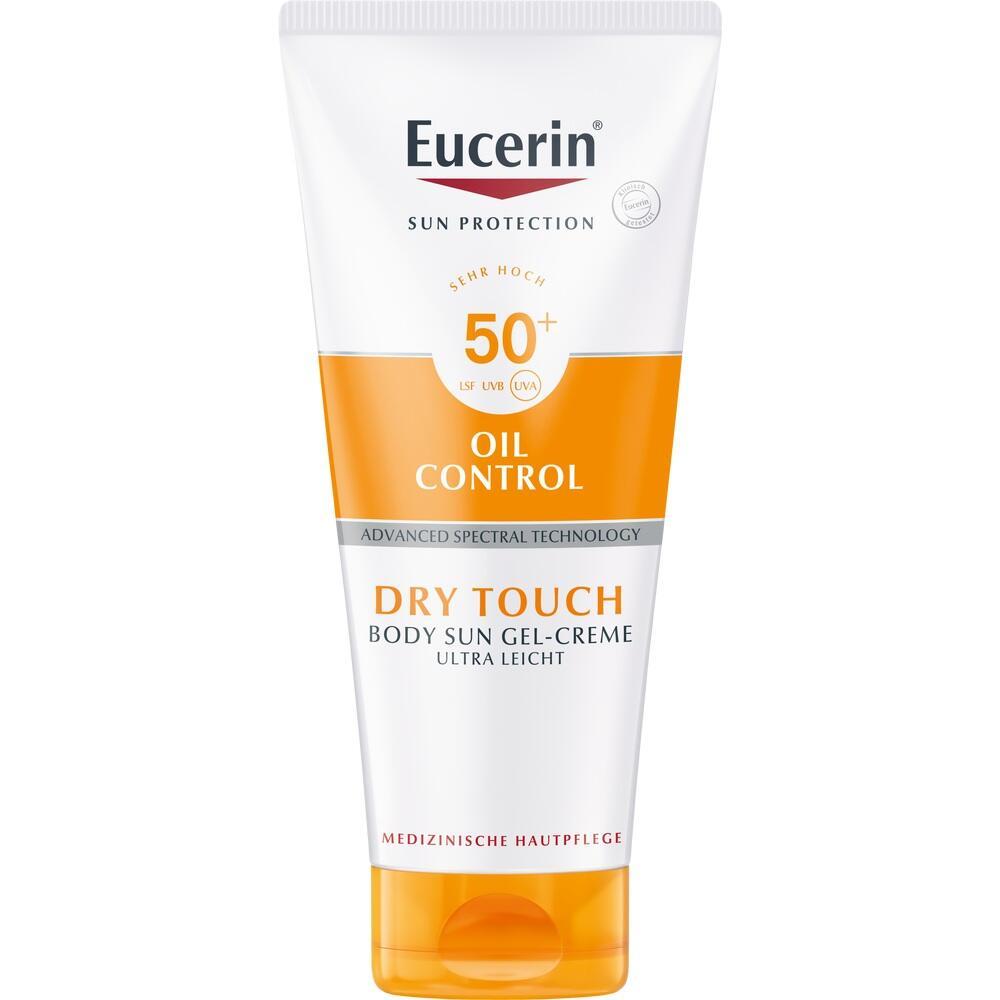 Eine wei&szlig;e Tube Sonnencreme mit LSF 50+ und orangefarbenem Etikett.