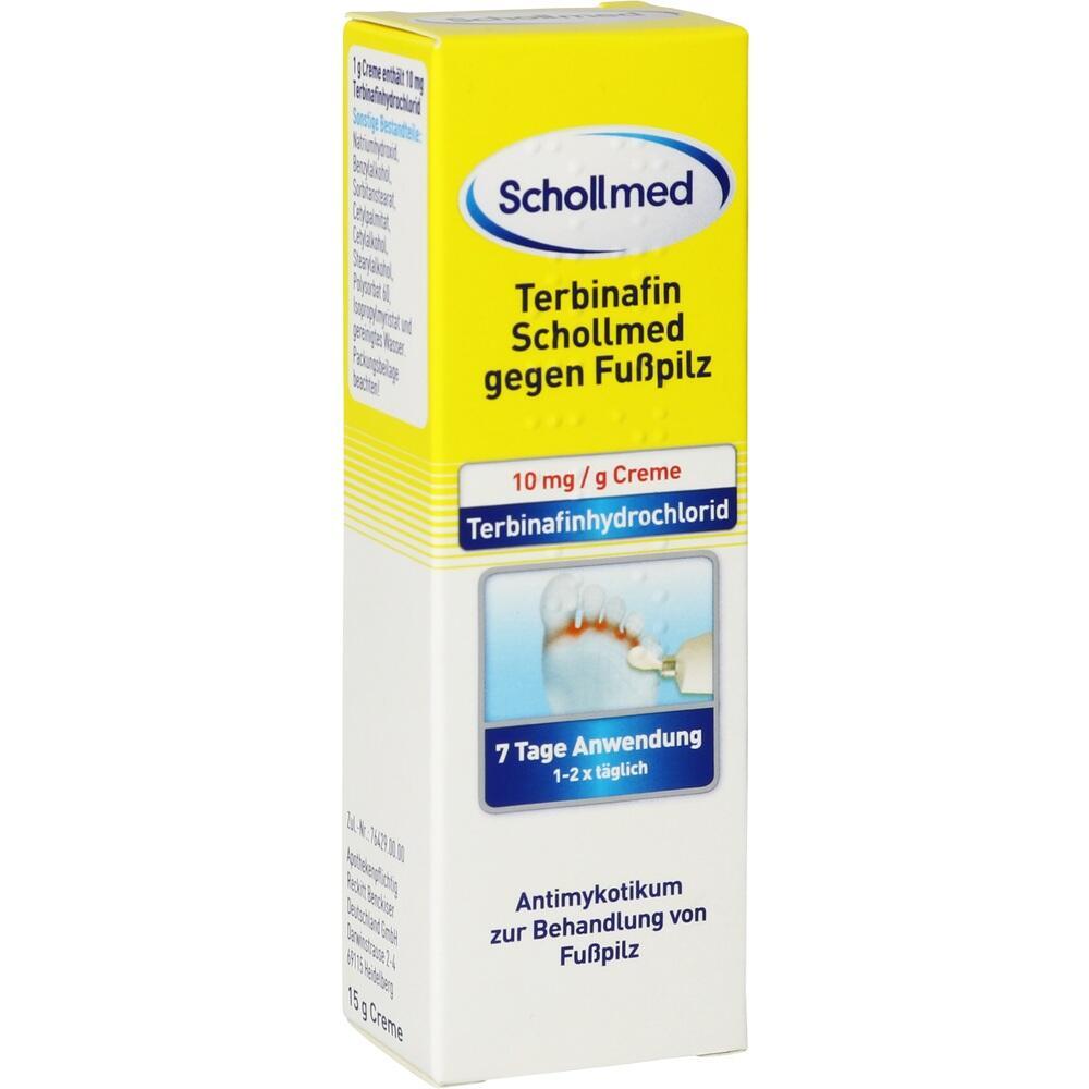 Gelbe Schachtel mit Creme gegen Fu&szlig;pilz, markiert als Schollmed Antimykotikum.