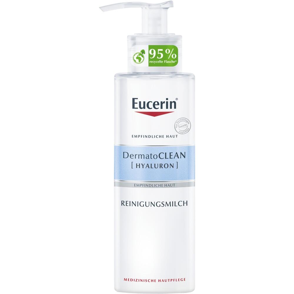 Eine Eucerin Reinigungsmilch-Flasche mit einem Pumpspender.