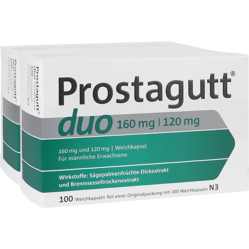 Die Verpackung zeigt ein Medikament "Prostagutt duo" f&uuml;r erwachsene M&auml;nner.