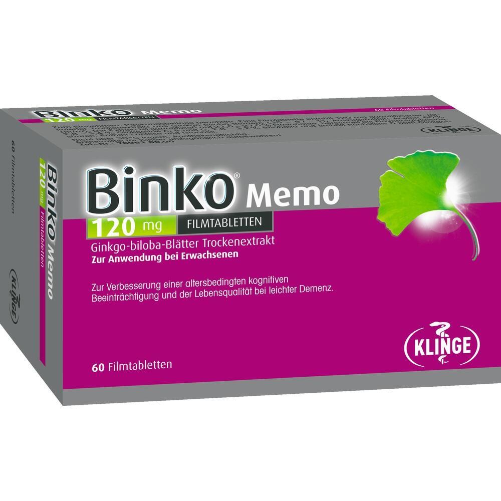 Verpackung von Binko Memo Filmtabletten mit Ginkgo-biloba-Extrakt für Erwachsene.