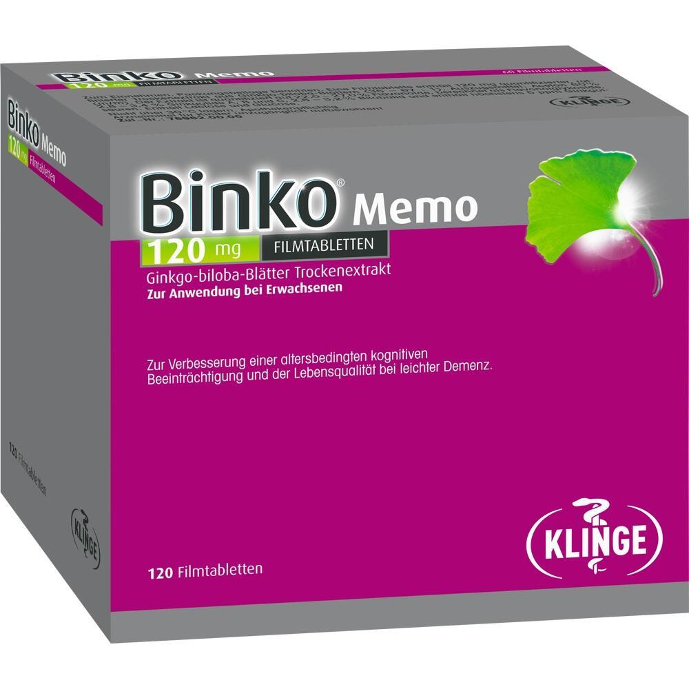 Schachtel mit Binko Memo-Tabletten, Ginkgo-biloba-Extrakt zur Verbesserung der Gedächtnisleistung.