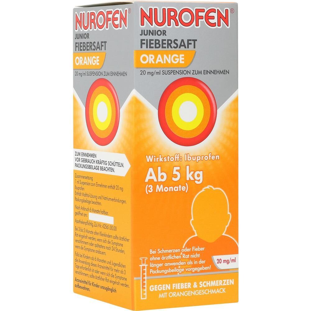 Nurofen Junior Fiebersaft Orange f&uuml;r Kinder ab 5 kg mit Ibuprofen und Orangengeschmack.