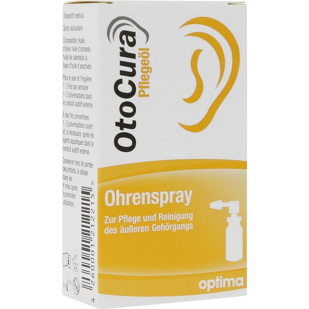 Eine gelb-weiße Packung Ohrenspray mit Ohr-Symbol und Sprühflasche.