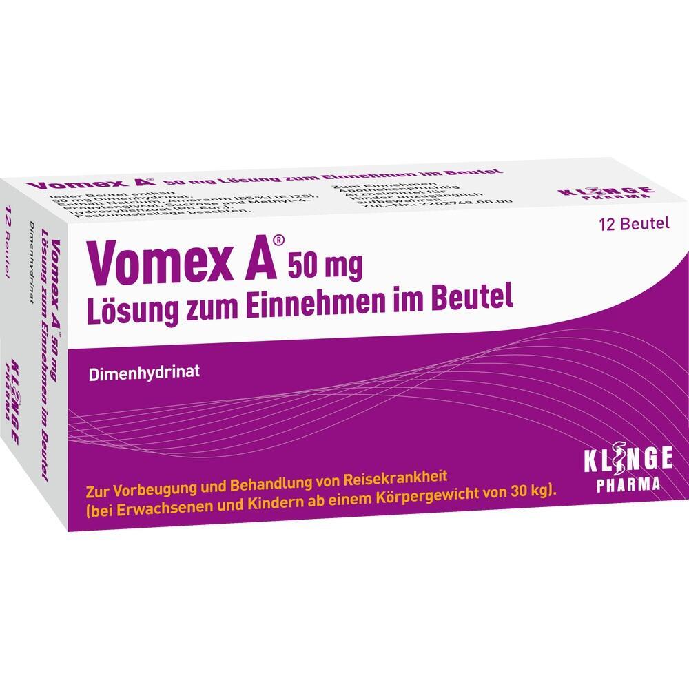 Eine Packung Vomex A Beutel zur Einnahme, gegen Reisekrankheit.