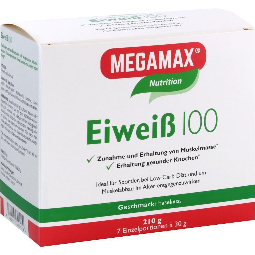 Wei&szlig;e Packung mit Aufschrift "MEGAMAX Eiwei&szlig; 100" und Haselnussgeschmack.