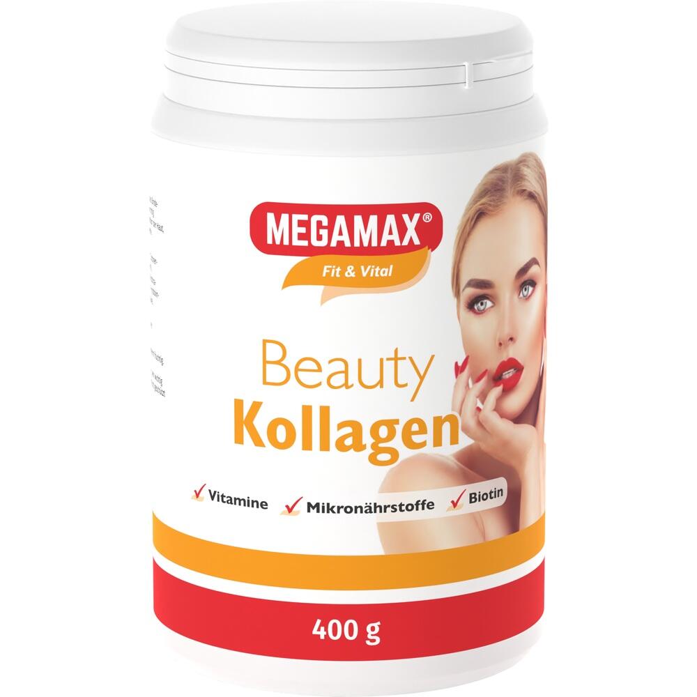 Eine Dose Megamax Beauty Kollagen mit Bild einer Frau und 400 g Inhalt.