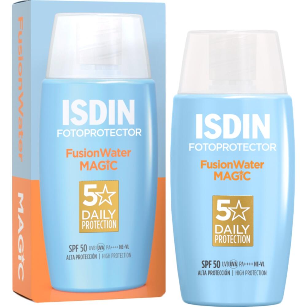 Es ist eine Verpackung für einen Sonnenschutz namens ISDIN Fusion Water Magic.