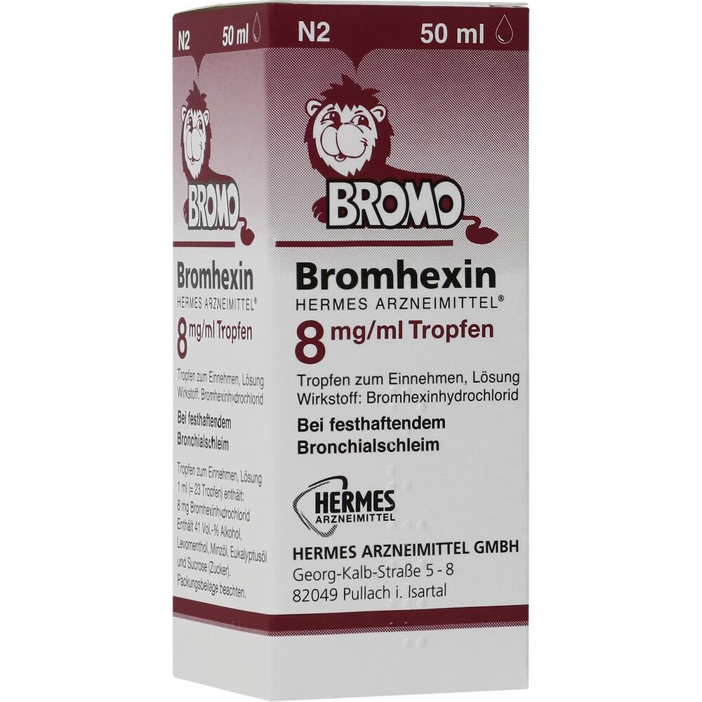 Eine wei&szlig;e Medikamentenverpackung mit der Aufschrift "Bromhexin 8 mg/ml Tropfen".