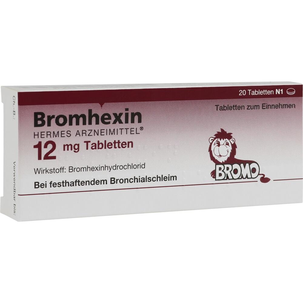 Packung mit 12 mg Bromhexin-Tabletten gegen festen Bronchialschleim.