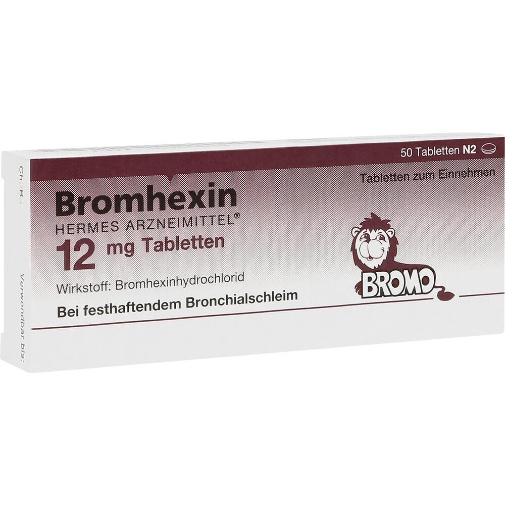 Packung von Bromhexin 12 mg Tabletten gegen festsitzenden Bronchialschleim.