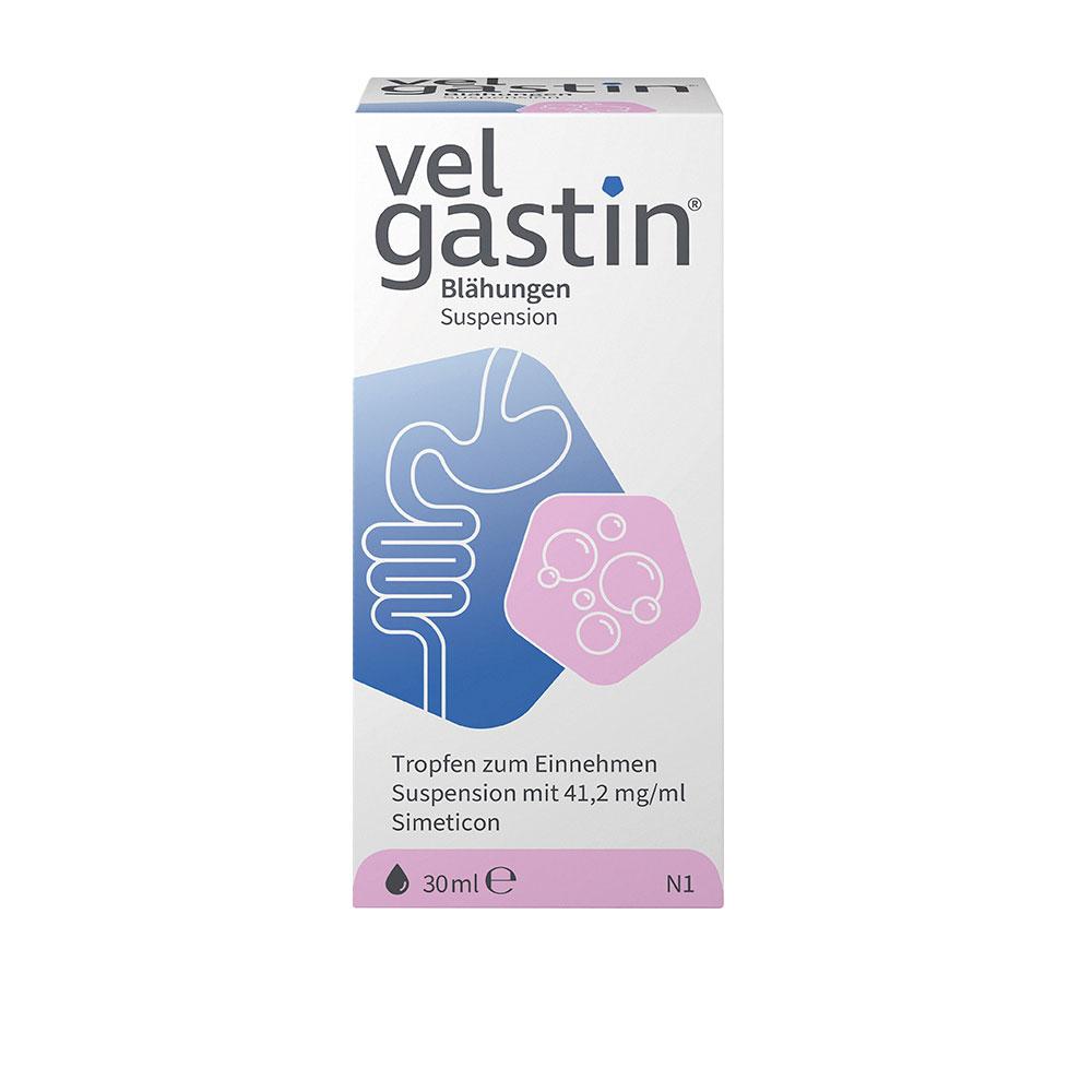 Eine Packung Medizin gegen Bl&auml;hungen mit der Aufschrift "Velgastin".