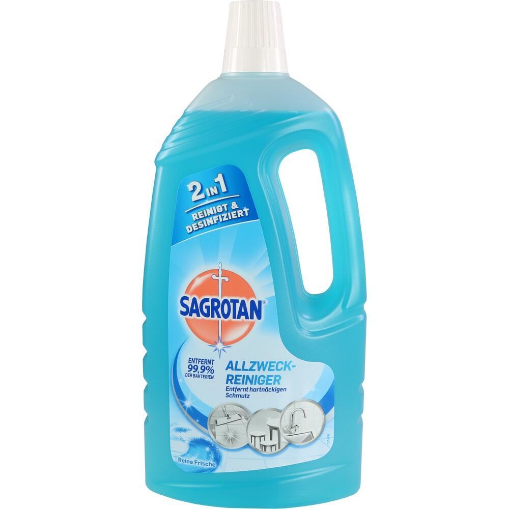 Eine blaue Flasche Sagrotan Allzweck-Reiniger, die reinigt und desinfiziert.