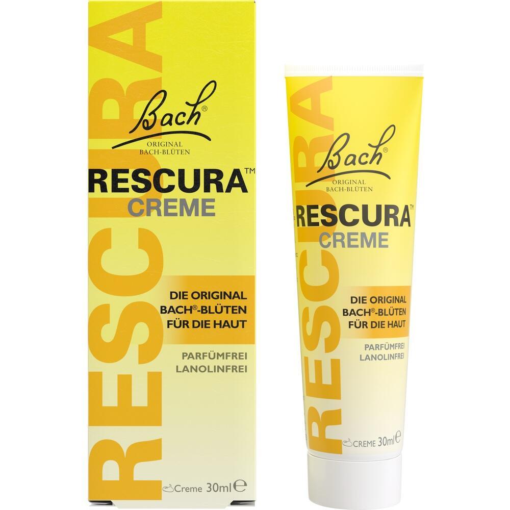 Gelbe Verpackung und Tube von "Rescura Creme" mit Bach-Bl&uuml;ten, 30 ml, parf&uuml;m- und lanolinfrei.