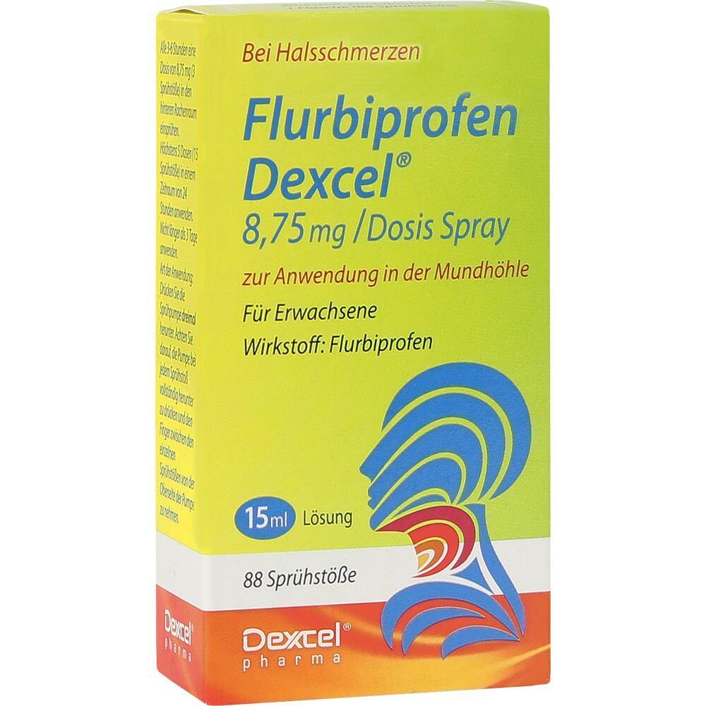 Gelbe Schachtel eines Flurbiprofen-Sprays zur Linderung von Halsschmerzen.