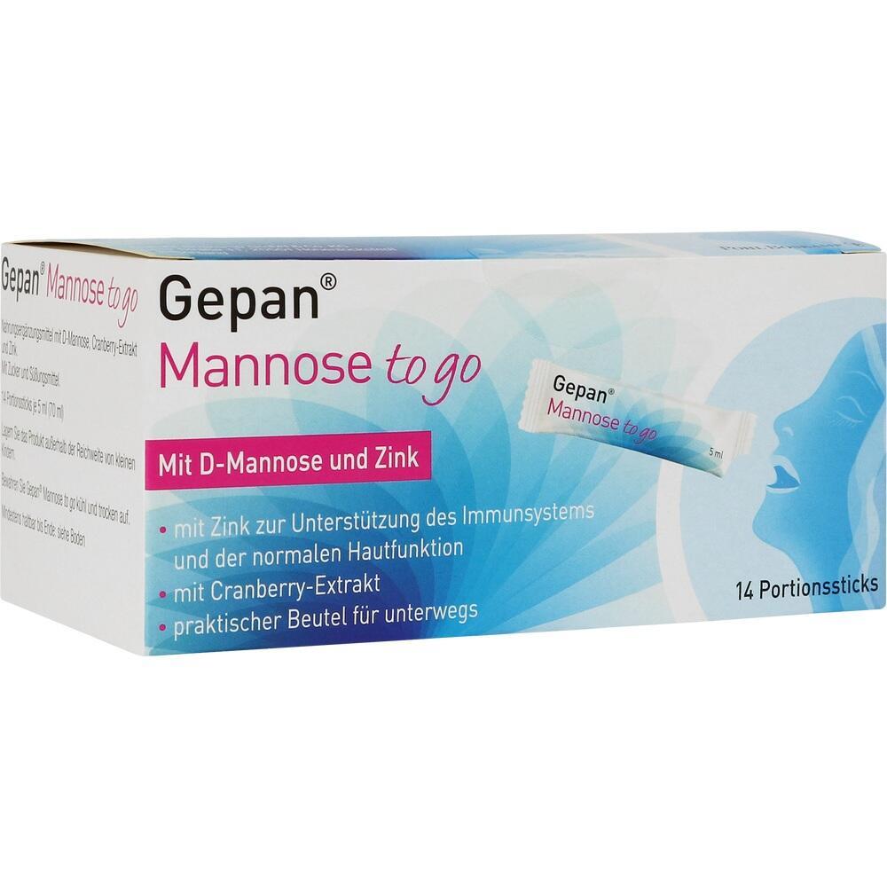 Eine Packung "Gepan Mannose to go" mit D-Mannose und Zink, Cranberry-Extrakt.