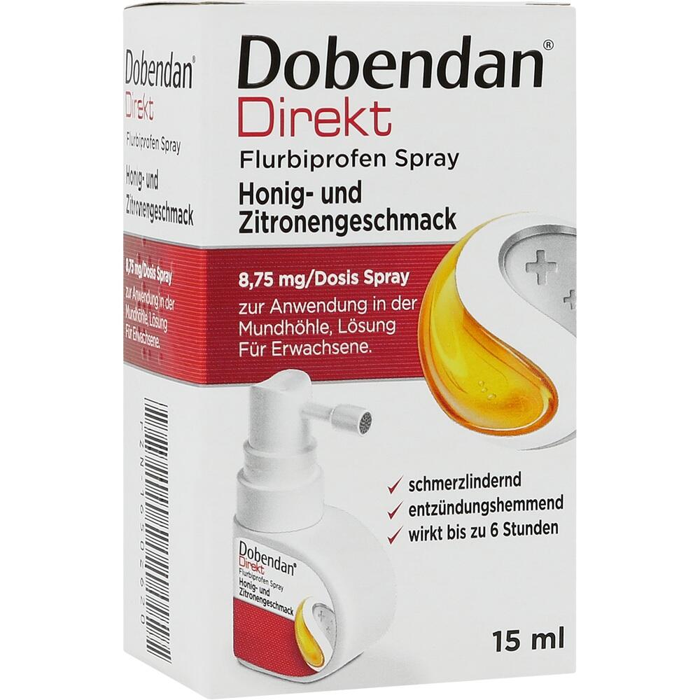 Eine Packung Dobendan Spray mit Honig-Zitronengeschmack f&uuml;r Erwachsene gegen Halsschmerzen.