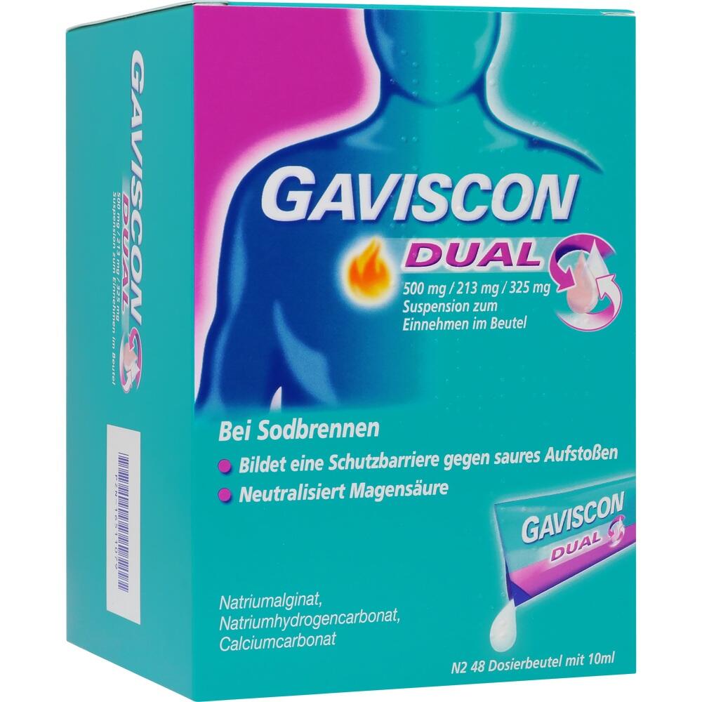 Verpackung von Gaviscon Dual, einem Medikament gegen Sodbrennen.