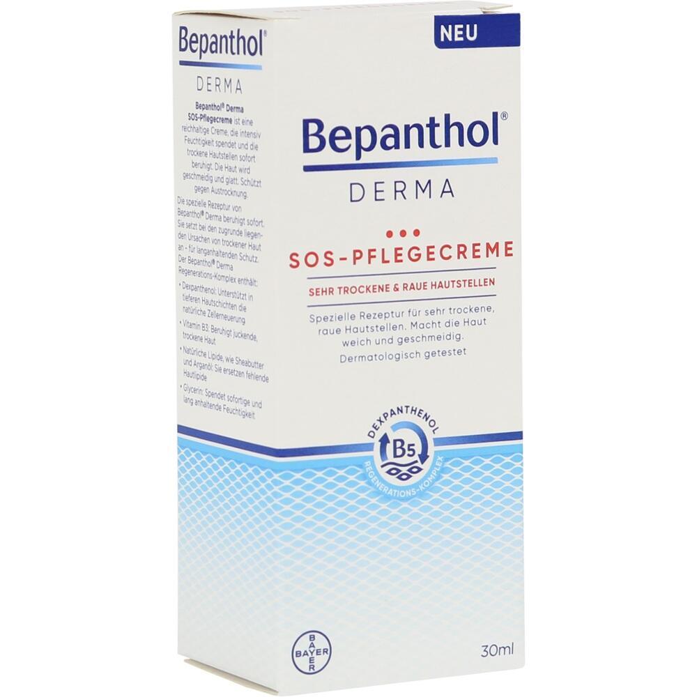 Eine Verpackung f&uuml;r Bepanthol SOS-Pflegecreme, geeignet f&uuml;r trockene und raue Haut.