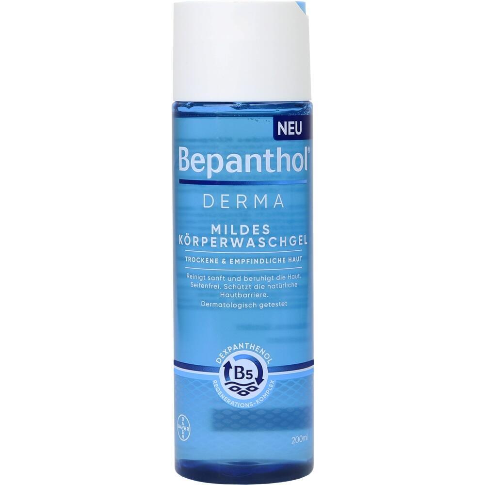 Eine blaue Flasche Bepanthol K&ouml;rperwaschgel f&uuml;r trockene und empfindliche Haut.
