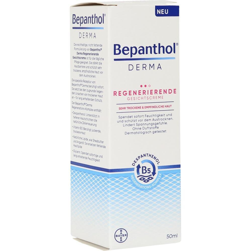 Eine Verpackung mit Bepanthol regenerierender Gesichtscreme f&uuml;r trockene und empfindliche Haut.