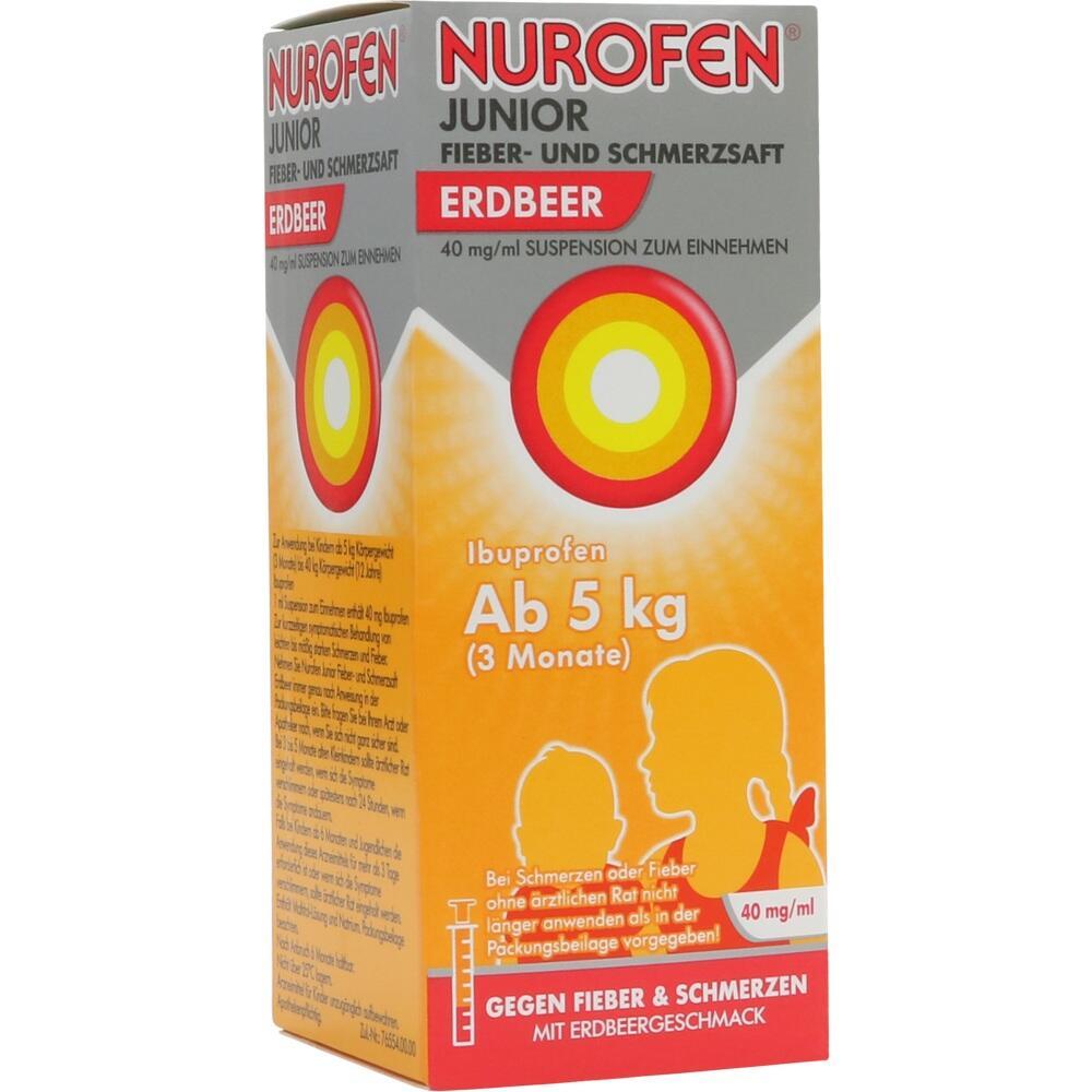 Packung Nurofen Junior, ein Schmerz- und Fiebersaft f&uuml;r Kinder ab 5 kg, mit Erdbeergeschmack.