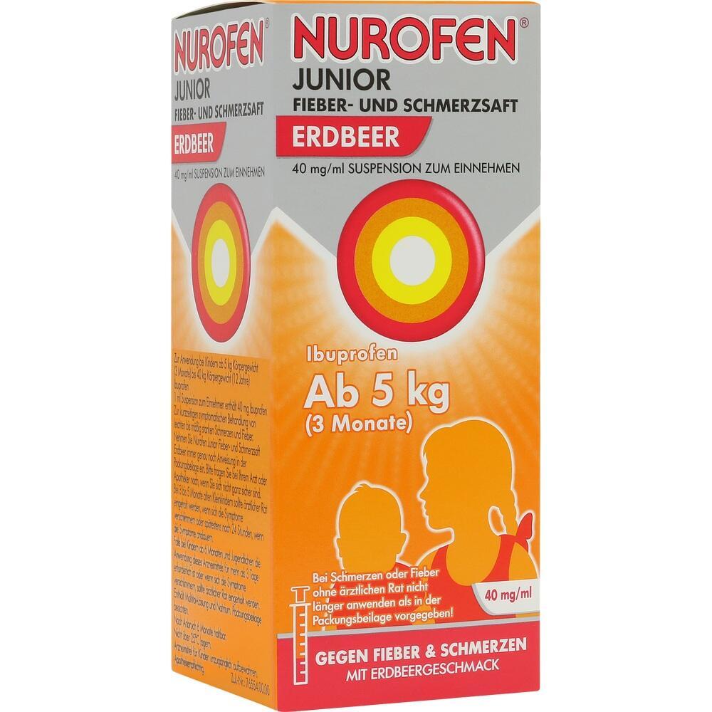 Verpackung von Nurofen Junior, einem Erdbeergeschmack-Saft gegen Fieber und Schmerzen.