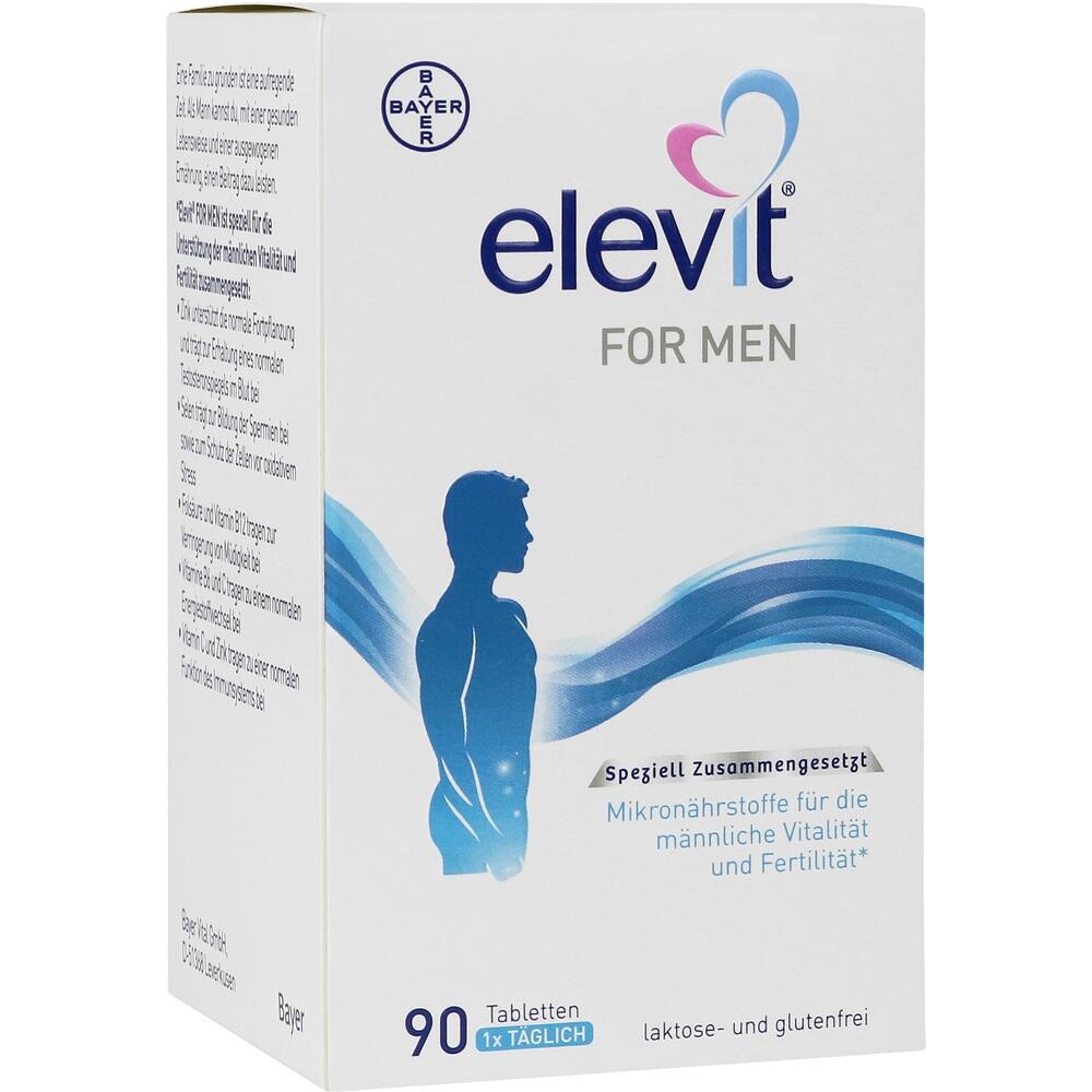 Eine Verpackung von Elevit f&uuml;r M&auml;nner mit 90 Tabletten und einem blauen Silhouettenbild.