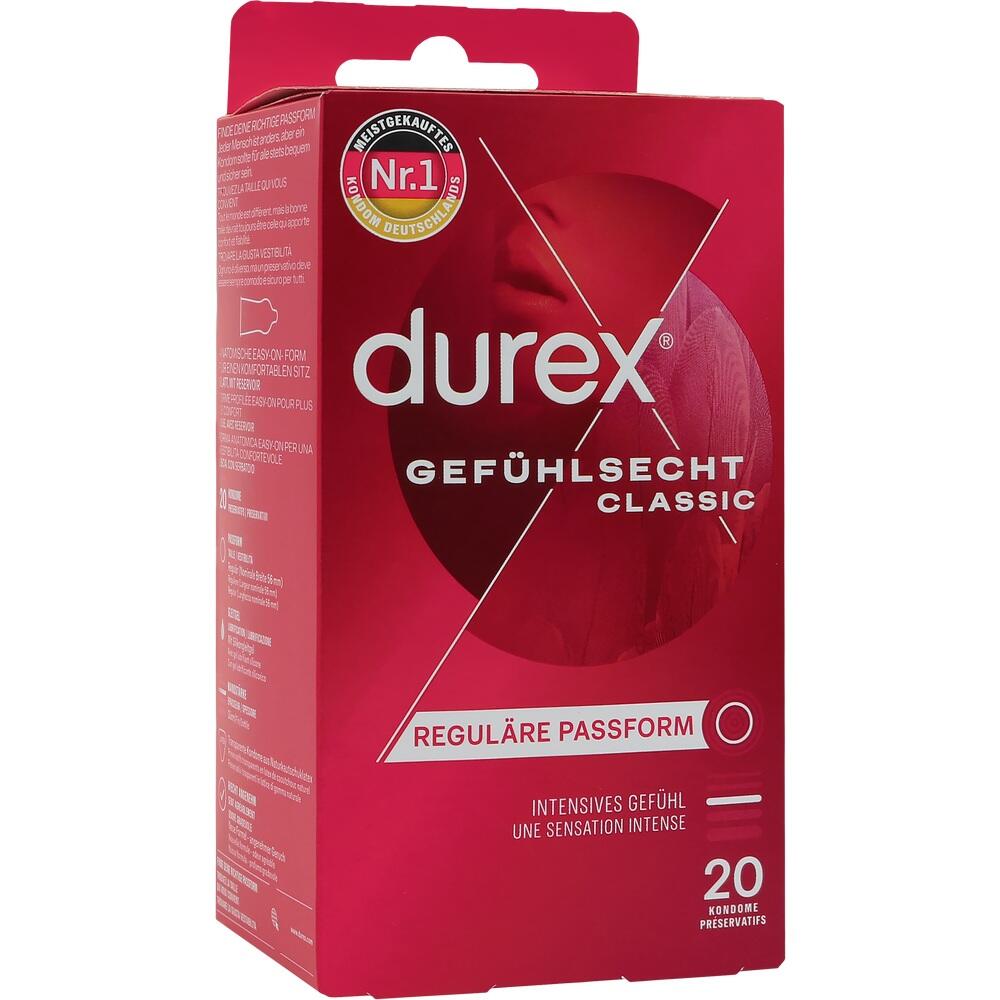 Rote Verpackung von Durex-Kondomen mit der Aufschrift "Gef&uuml;hlsecht Classic".