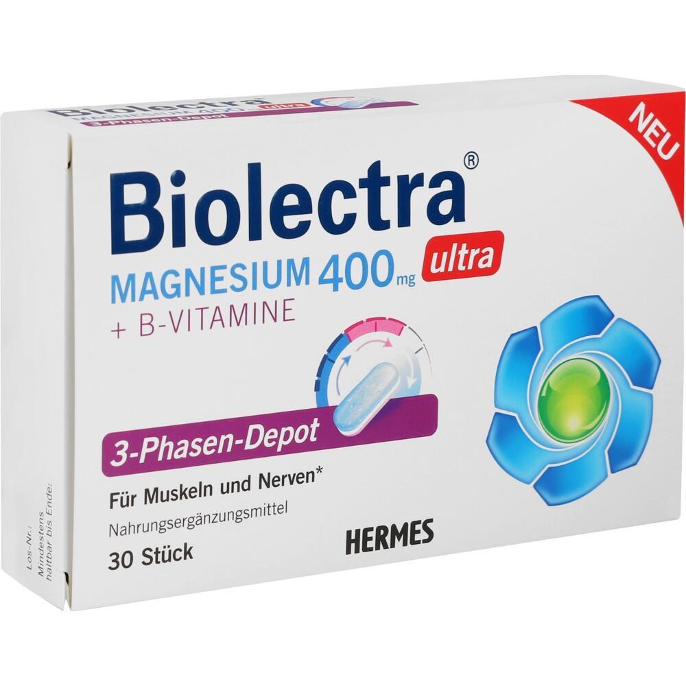 Eine Verpackung von Biolectra Magnesium 400 mg mit B-Vitaminen f&uuml;r Muskeln und Nerven.