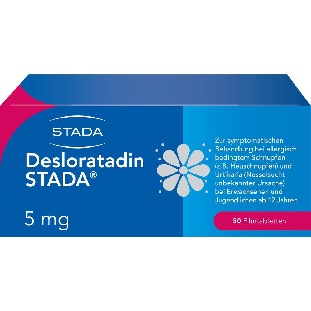 Blaue Packung von Desloratadin STADA f&uuml;r Allergien, enth&auml;lt 50 Filmtabletten.