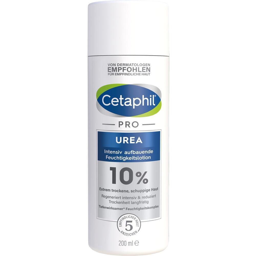 Weiße Flasche Cetaphil UREA Lotion, hilft bei trockener Haut.